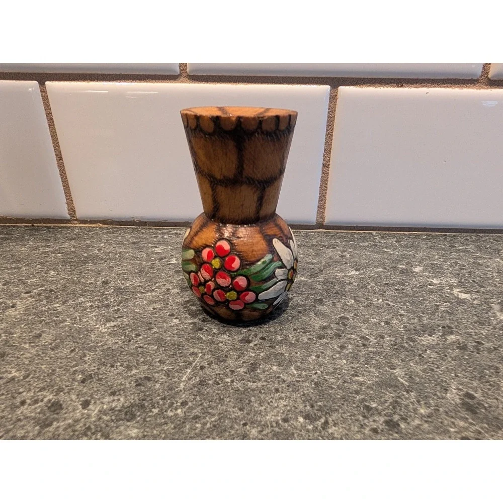 Hand‎ Carved Wooden Bud Vase Folk Art Hand Painted Flowers SIGNED
